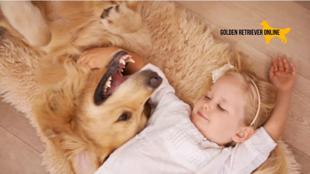 Menina deitada com Golden Retriever no chão